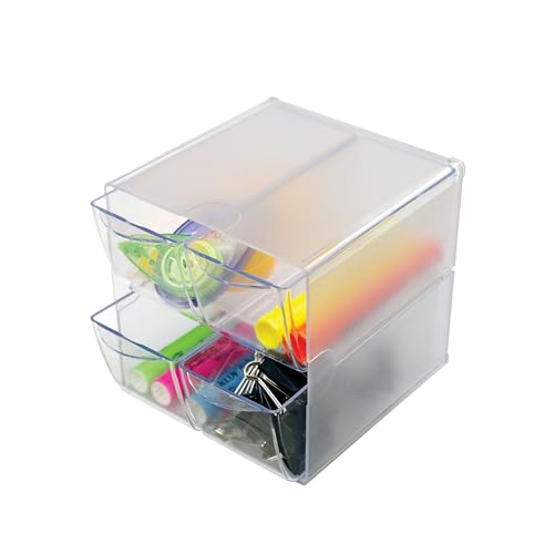 Deflecto Aufbewahrungsbox Cube, 4 Schubladen, 153 x 153 x 183 mm, aus glasklarem Polystyrol, erweiterbar, Bürozubehör, Büroklammern, Stifte-Box von Deflecto