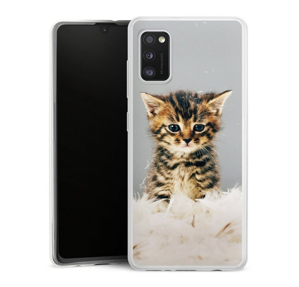 DeinDesign Handyhülle Katze Haustier Feder Kitty, Samsung Galaxy A41 Slim Case Silikon Hülle Ultra Dünn Schutzhülle von DeinDesign