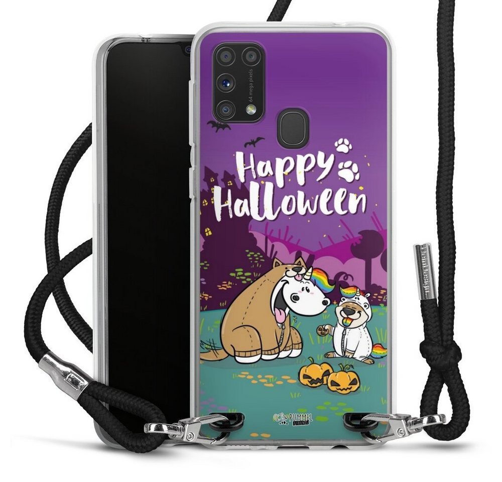 DeinDesign Handyhülle Pummeleinhorn Bisu Happy Halloween, Samsung Galaxy M31 Handykette Hülle mit Band Case zum Umhängen von DeinDesign