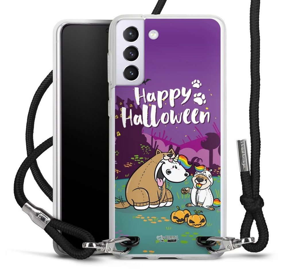 DeinDesign Handyhülle Pummeleinhorn Bisu Happy Halloween, Samsung Galaxy S21 Plus 5G Handykette Hülle mit Band Case zum Umhängen von DeinDesign