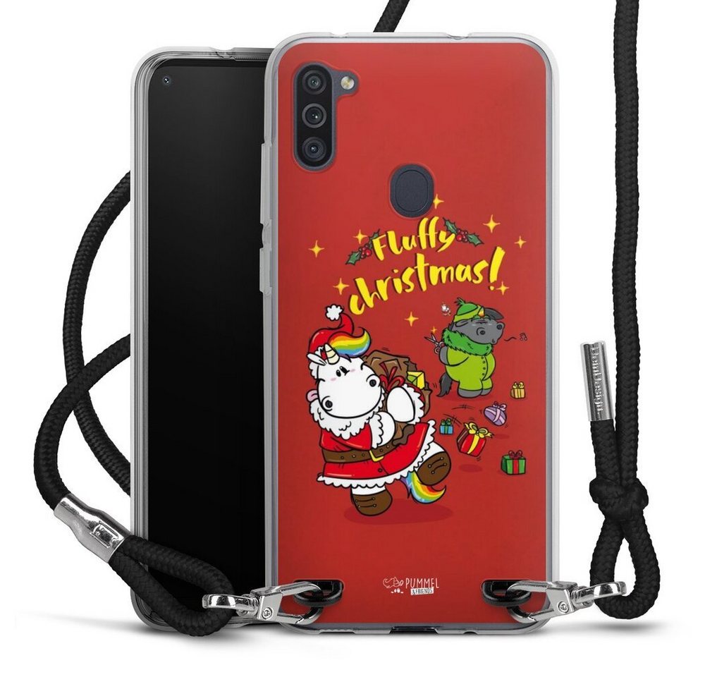 DeinDesign Handyhülle Pummeleinhorn Fluffy Christmas Red, Samsung Galaxy M11 Handykette Hülle mit Band Case zum Umhängen von DeinDesign