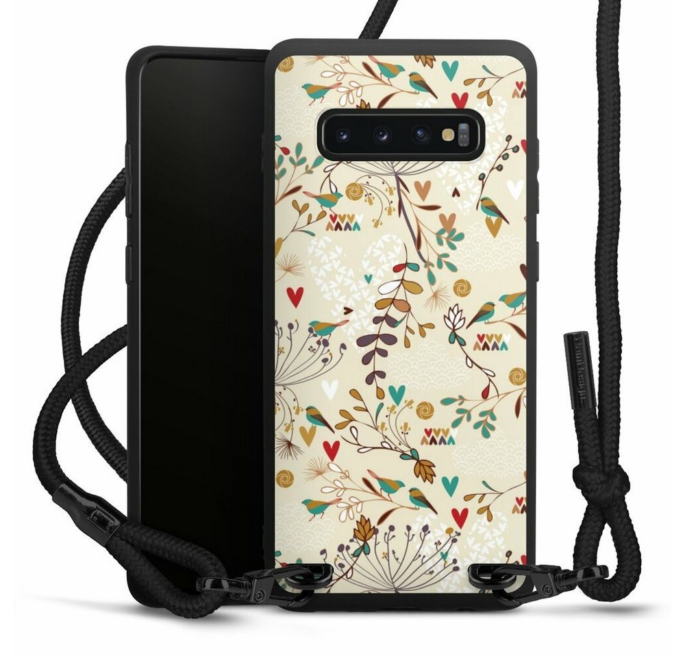 DeinDesign Handyhülle Retro Vogel Blumen Floral Wilderness, Samsung Galaxy S10 Plus Premium Handykette Hülle mit Band von DeinDesign