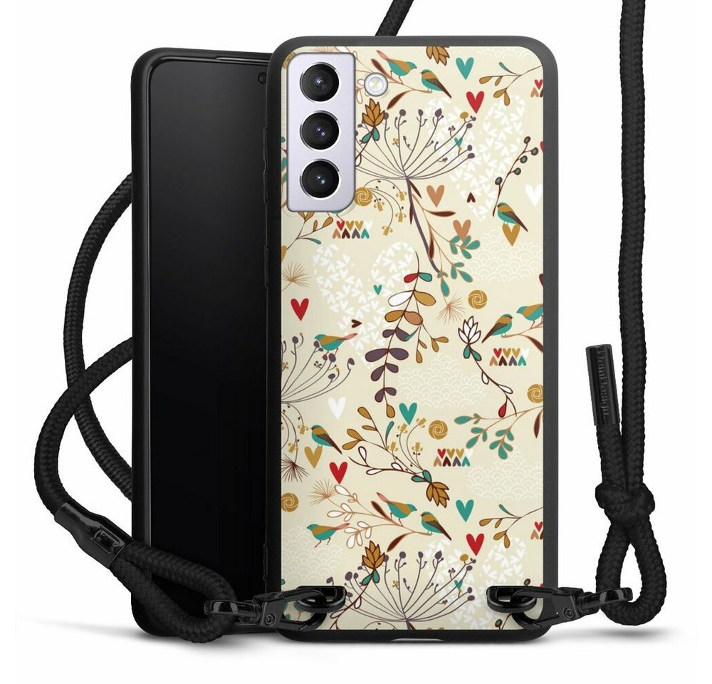 DeinDesign Handyhülle Retro Vogel Blumen Floral Wilderness, Samsung Galaxy S21+ 5G Premium Handykette Hülle mit Band von DeinDesign