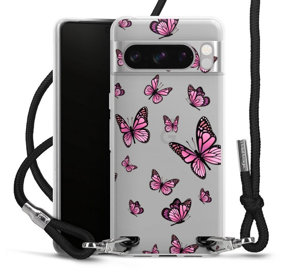 DeinDesign Handyhülle Schmetterling Muster Motiv ohne Hintergrund Schmetterlinge Pink, Google Pixel 8 Pro Handykette Hülle mit Band Case zum Umhängen von DeinDesign