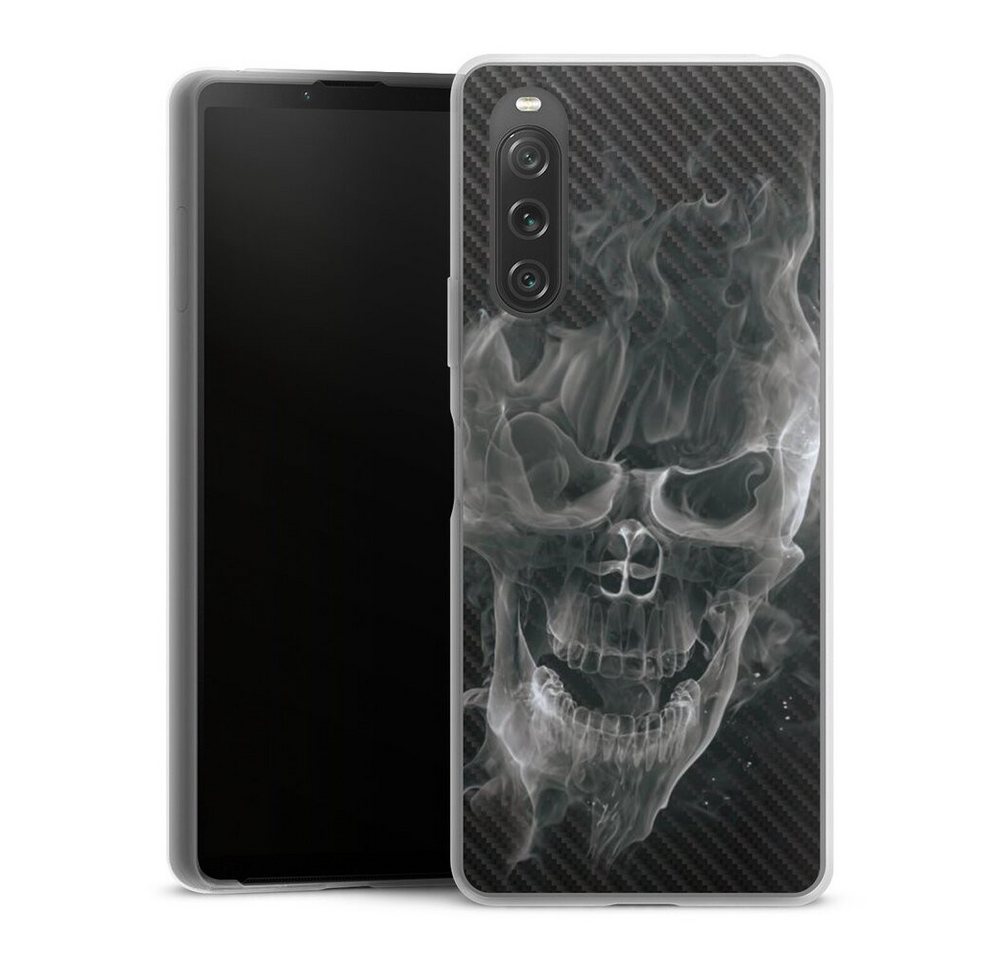 DeinDesign Handyhülle Totenkopf Schädel Carbon Smoke Skull Carbon, Sony Xperia 10 V Slim Case Silikon Hülle Ultra Dünn Schutzhülle von DeinDesign