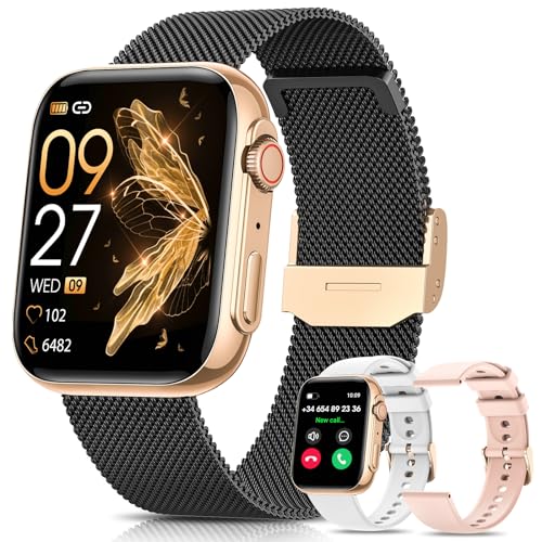 DekeFit Smartwatch Damen mit Telefonfunktion, 1.85" Always-On-Display, Fitnessuhr Tracker mit Schlafmonitor/Herzfrequenz/SpO2, 120+ Sportuhr IP68 Wasserdicht für iOS Android Schwarzes Gold von DekeFit