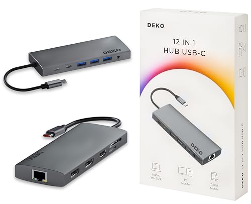 Deko PRO Hub USB C 12in1 Dockingstation PD 100W HDMI 4K 60Hz DP 60Hz 3xUSB 3.1 10Gbps für iPhone 15/15 Pro, MacBook Pro/Air, iPad Pro, Surface, XPS, Thinkpad, Galaxy. von Deko