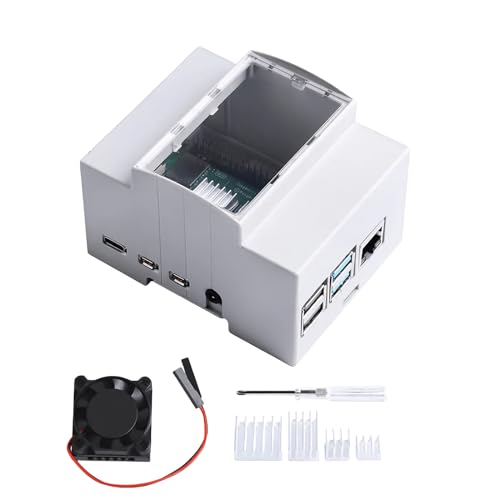 Delamiya Schutzhülle Rahmen für Raspberry Pi 4, auf DIN-Schiene Gehäuse Modulare Box Raspberry Pi 4 Case mit Lüfter Fan, Kompatible mit Raspberry Pi Kühlkörper Heatsink für Raspberry Pi 4 Modell B von Delamiya