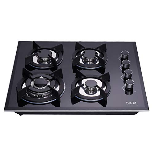 Deli-kit® DK145-A01S Gas-Kochfeld, 61 cm, doppelte Kraftstoffversiegelung, 4 Brenner, gehärtetes Glas, Drop-in Gasherd von Deli-Kit