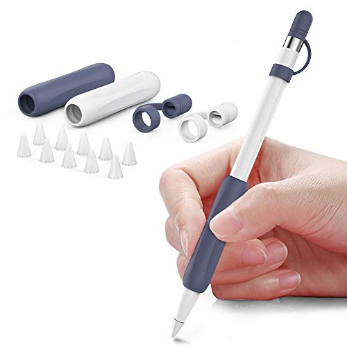 Delidigi 2 Stück Apple Pencil Griff Silikon Schutzhülle Ersatzkappe Zubehör Set Ergonomische Design Ärmel Halter Kompatibel mit Apple Pencil 1. Generation (Weiß, Mitternachtsblau) von Delidigi