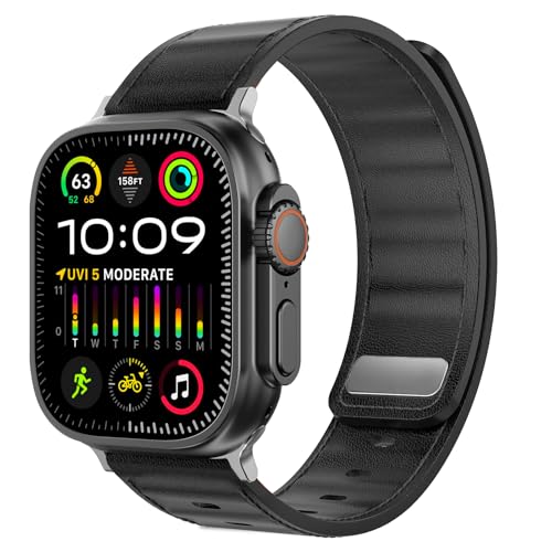 Delidigi Magnet Lederarmband Kompatibel für Apple Watch Ultra 2/Ultra Armband 49mm 46mm 45mm 44mm 42mm, Herren Damen Echtes Leder Magnetisch Ersatzarmbänder für iWatch Ultra 2 Series 10/9/8/7/6/5/3/SE von Delidigi