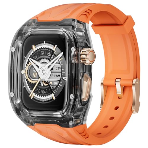 Delidigi Rugged Durchsichtige Schutzhülle mit TPU Armband Kompatibel mit Apple Watch Serie 9/8/7(45mm) iWatch Serie 6/5/4/SE/SE2(44mm)-Orange von Delidigi