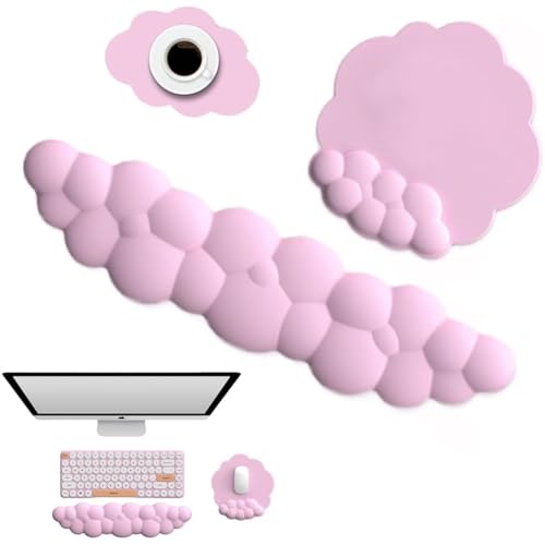 Delmkin Wolken Mauspad mit Handgelenkauflage Set Ergonomisch Mousepad Handgelenkstütze Tastatur Handballenauflage mit Untersetzer für Gaming Büro (Rosa) von Delmkin