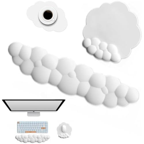 Delmkin Wolken Mauspad mit Handgelenkauflage Set Ergonomisch Mousepad Handgelenkstütze Tastatur Handballenauflage mit Untersetzer für Gaming Büro (Weiss) von Delmkin