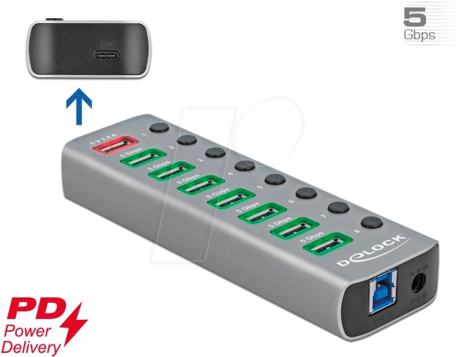 DELOCK 63264 - USB 3.0 Hub, 7 Port, USB-B zu 7x USB-A + 1x PD, 1x Strom von Delock