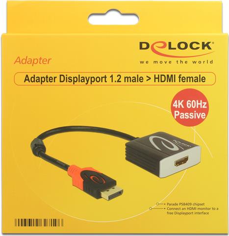 DeLOCK 4K Passive - Videoanschluß - DisplayPort / HDMI - DisplayPort (M) bis HDMI (W) - 20 cm - Schwarz - 4K Unterstützung von Delock