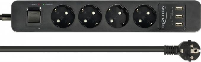 DeLOCK Extension Socket - Verlängerungsschnur - Wechselstrom 250 V - 4000 Watt - Eingabe, Eingang CEE 7/7 - Ausgangsanschlüsse: 4 (3 x USB Typ A, 4 x CEE 7/3) - 1,5m - Schwarz (11209) von Delock