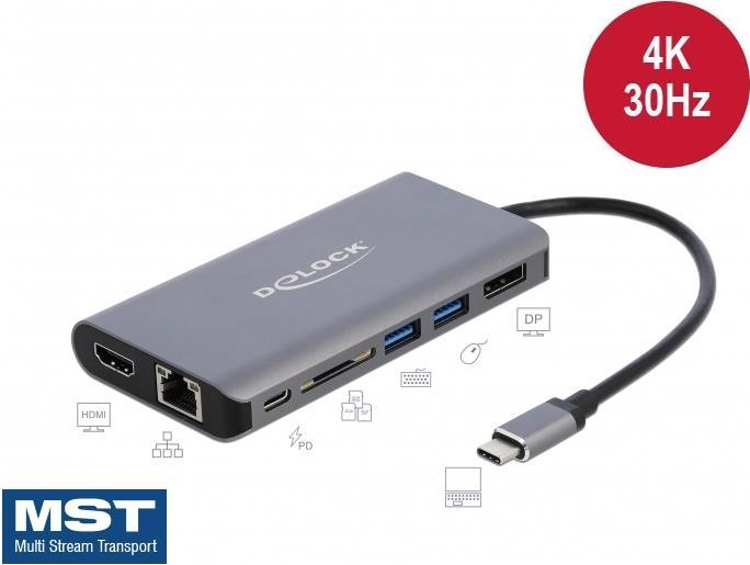 DeLOCK - Externer Videoadapter - USB-C 3,1 Gen 1 - HDMI, DisplayPort, RJ-45, USB3.0 - Grau - retail (87683) von Delock