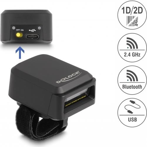 DeLOCK Ringbarcode Scanner 1D und 2D mit 2,4 GHz oder Bluetooth - Tragbares Barcodelesegerät - 1D/2D - CMOS - Codabar - Code 128 - Code 39 - EAN-13 - EAN-8 - ISBN - Interleaved 2 of 5 - PDF417 - Datenmatrix - Micro QR Code - MicroPDF417 - PDF417 - QR Code - 1280 x 800 Pixel (90607) von Delock