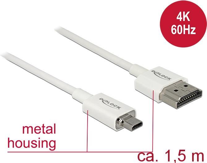 DeLOCK Slim High Quality - HDMI mit Ethernetkabel - mikro HDMI (M) bis HDMI (M) - 1,5m - dreifach abgeschirmtes Twisted-Pair-Kabel - weiß - 4K Unterstützung (85150) von Delock