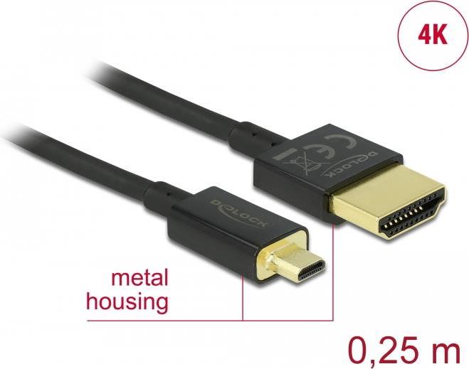 DeLOCK Slim High Quality - HDMI mit Ethernetkabel - mikro HDMI (M) bis HDMI (M) - 25cm - dreifach abgeschirmtes Twisted-Pair-Kabel - Schwarz - 4K Unterstützung (85119) von Delock