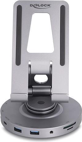 DeLOCK Tablet und Notebook Dockingstation 4K mit integrierter Halterung - HDMI / USB / Hub / SD / Micro SD / PD 3.0 - 360° drehbar (88017) von Delock