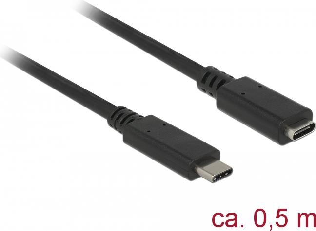 DeLOCK - USB-Verlängerungskabel - USB-C (M) bis USB-C (W) - USB 3,1 Gen 1 - 3 A - 50cm - Schwarz (85532) von Delock