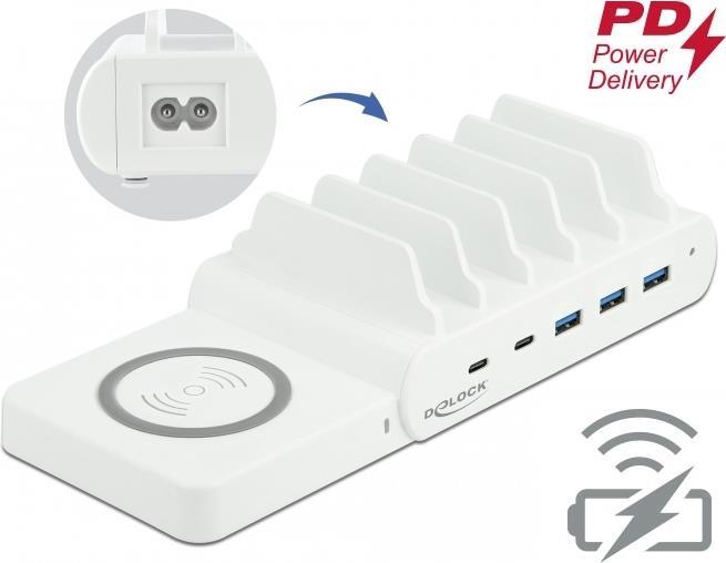 DeLOCK USB and Wireless Charger - Ladestation + AC-Netzteil - 110 Watt - 5 A - PD - 5 Ausgabeanschlussstellen (3 x USB Typ A, 2 x 24 poliger USB-C) - weiß (41450) von Delock