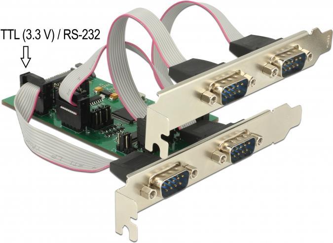 DeLock PCI Express Card > 3 x Serial RS-232 + 1 x TTL 3.3 V / RS-232 with Voltage Supply - Serieller Adapter - PCIe Low-Profile - RS-232 x 3 + RS-232 (TTL) x 1 - grün von Delock