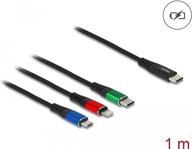 Delock 7,60cm (3) 1 - Kabel nur zum Laden - USB-C männlich zu Micro-USB Typ B, Lightning, USB-C männlich - 1,0m - Schwarz - für Apple 10.2  iPad, 10.9  iPad Air, AirPods Max, AirPods Pro, iPhone 11, 12, 13, SE (86596) von Delock