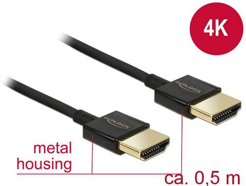 Delock HDMI Anschlusskabel HDMI-A Stecker, HDMI-A Stecker 0.50m Schwarz 84786 vergoldete Steckkontak von Delock