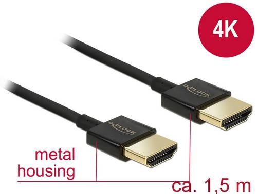 Delock HDMI Anschlusskabel HDMI-A Stecker, HDMI-A Stecker 1.50m Schwarz 84772 vergoldete Steckkontak von Delock