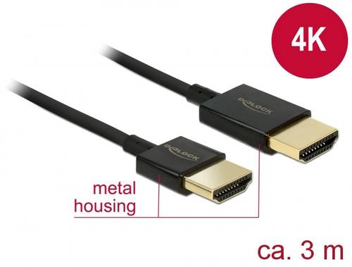 Delock HDMI Anschlusskabel HDMI-A Stecker, HDMI-A Stecker 3.00m Schwarz 84774 vergoldete Steckkontak von Delock