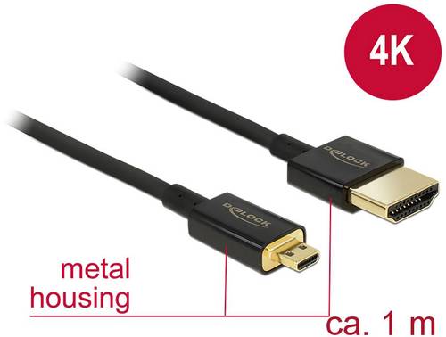 Delock HDMI Anschlusskabel HDMI-A Stecker, HDMI-Micro-D Stecker 1.00m Schwarz 84781 vergoldete Steck von Delock