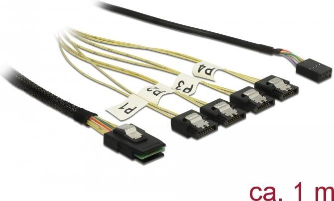 Delock Kabel Mini SAS SFF-8087 > 4 x SATA 7 Pin + Sideband 1 m Metall (85682) von Delock
