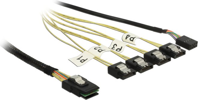 Delock Kabel Mini SAS SFF-8087 > 4 x SATA 7 Pin Reverse + Sideband 1 m (83319) von Delock