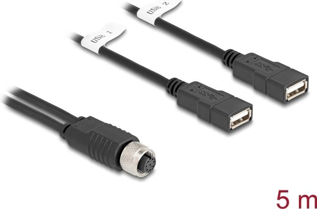 Delock M12 Kabel A-kodiert 8 Pin Buchse zu 2 x USB 2.0 Typ-A Buchse 5 m schwarz (60652) von Delock