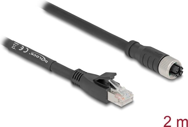 Delock M12 Kabel X-kodiert 8 Pin Buchse zu RJ45 Stecker Cat.5e S/FTP flexibel 2 m schwarz (80590) von Delock