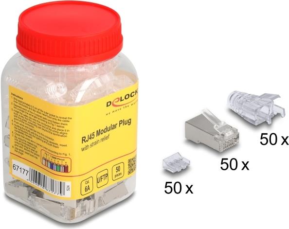 Delock RJ45 Modularer Stecker Cat.6A mit Knickschutztülle transparent 50er (67177) von Delock