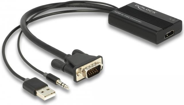Delock - Spannungsversorgungs-/Audio-/Videoadapter - HD-15 (VGA), Stereo Mini-Klinkenstecker, USB (nur Strom) männlich zu HDMI weiblich - 25cm - Schwarz - Daumenschrauben, aktiv, Stromversorgung + Audio über USB, 1080p-Unterstützung, 60 Hz (64172) von Delock