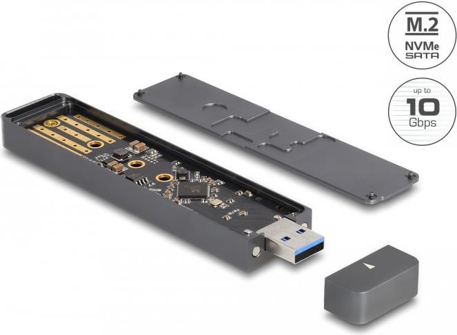 Delock - Speichergehäuse - externes Gehäuse für M.2 NVME PCIe SSD oder SATA SSD mit USB 10 Gbps Typ-A-Stecker - M.2 - M.2 NVMe Card / SATA 6Gb/s - USB 3,2 (Gen 2) - Grau (42021) von Delock