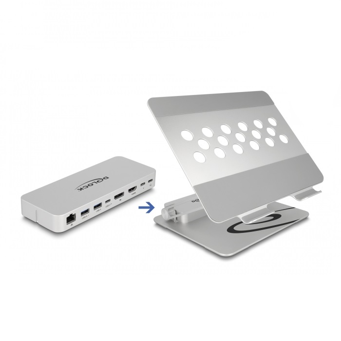 Delock Tablet und Notebook Ständer mit integrierter Dockingstation 4K - HDMI / DisplayPort / LAN / Hub / HDR / PD Delock Tablet und Notebook Ständer mit integrierter Dockingstation 4K - HDMI / DisplayPort / LAN / Hub / HDR / PD von Delock