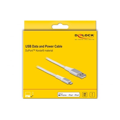 Delock USB Daten- und Ladekabel für iPhone™, iPad™, iPod™ DuPont Kevlar® weiß 3m von Delock