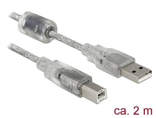 Delock USB-Kabel USB 2.0 USB-A Stecker, USB-B Stecker 2.00m Transparent mit Ferritkern 83894 von Delock