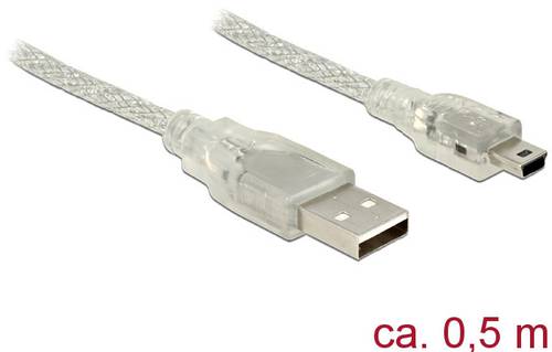 Delock USB-Kabel USB 2.0 USB-A Stecker, USB-Mini-B Stecker 0.50m Transparent mit Ferritkern 83904 von Delock