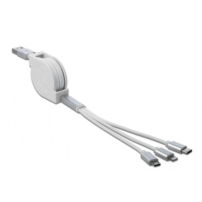 Delock USB Typ-A 3 in 1 Aufrollladekabel für Lightning™ / Micro USB / USB Type-C™ weiß von Delock