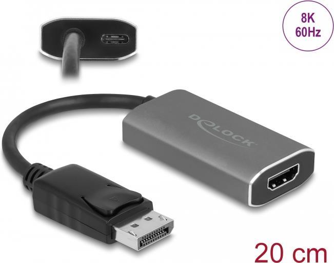 Delock - Videoadapter - DisplayPort männlich Verriegelung bis HDMI, USB-C (nur Spannung) weiblich - 20cm - Grau, Schwarz - aktiver Signalwandler, unterstützt 8K 60 Hz (7680 x 4320) (63118) von Delock