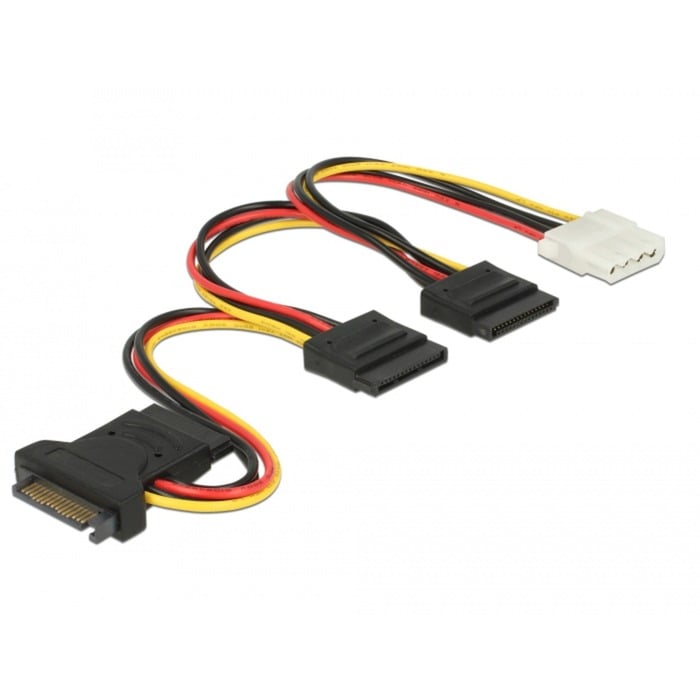 SATA 15 Pin Stecker > 3 x SATA Buchse + 1 x 4 Pin Buchse 20 cm (PCB), Kabel von Delock