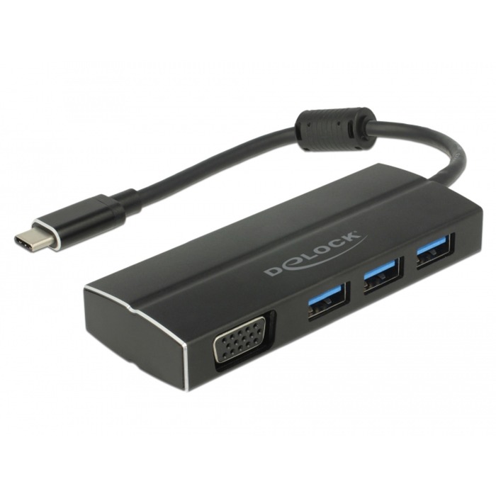 USB 3.2 Gen 1 Multiport-Hub, USB-C Stecker > 3x USB-A + VGA Buchse, USB-Hub von Delock