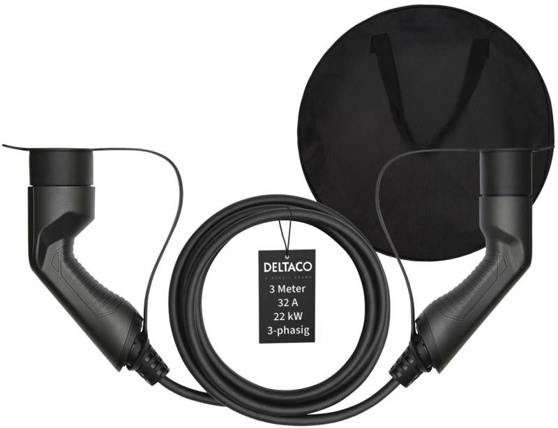 EV-3203B Ladekabel (3m) + Tasche 3-phasig IEC Typ2 auf Typ2 32A 22K schwarz von Deltaco
